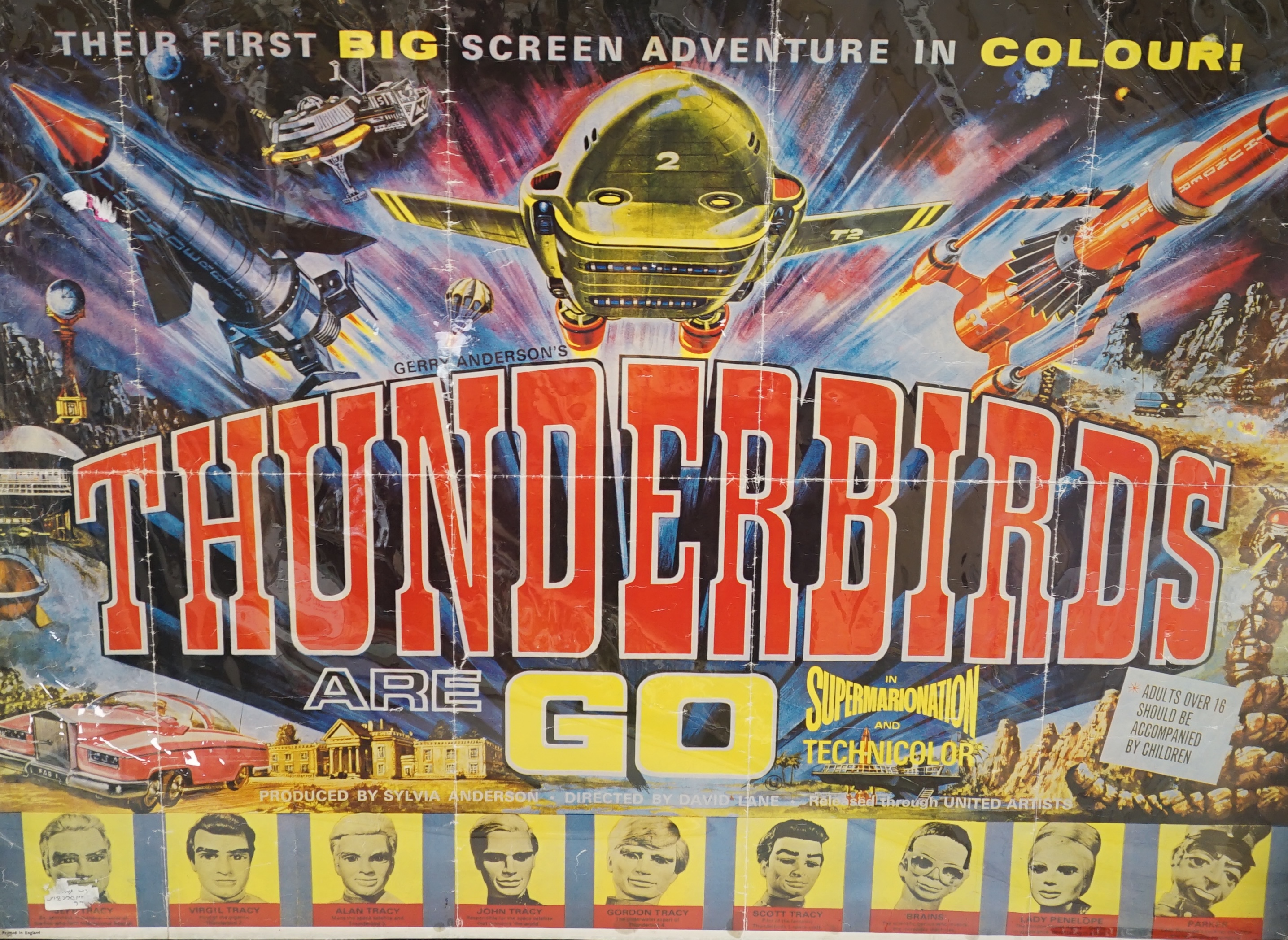 'Thunderbirds Are Go' film poster, a 1980’s reprint, 94cm x 78cm. Condition - fold marks, some small stains along the edges
